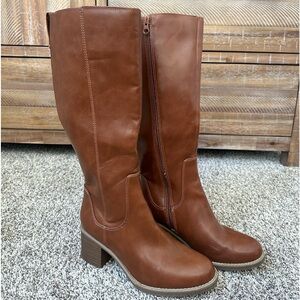 Brown faux leather knee high boots
